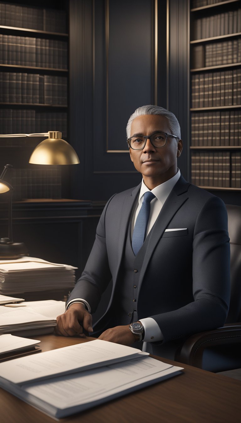 A lawyer sitting at a desk, surrounded by legal documents and a computer, with a confident and professional demeanor