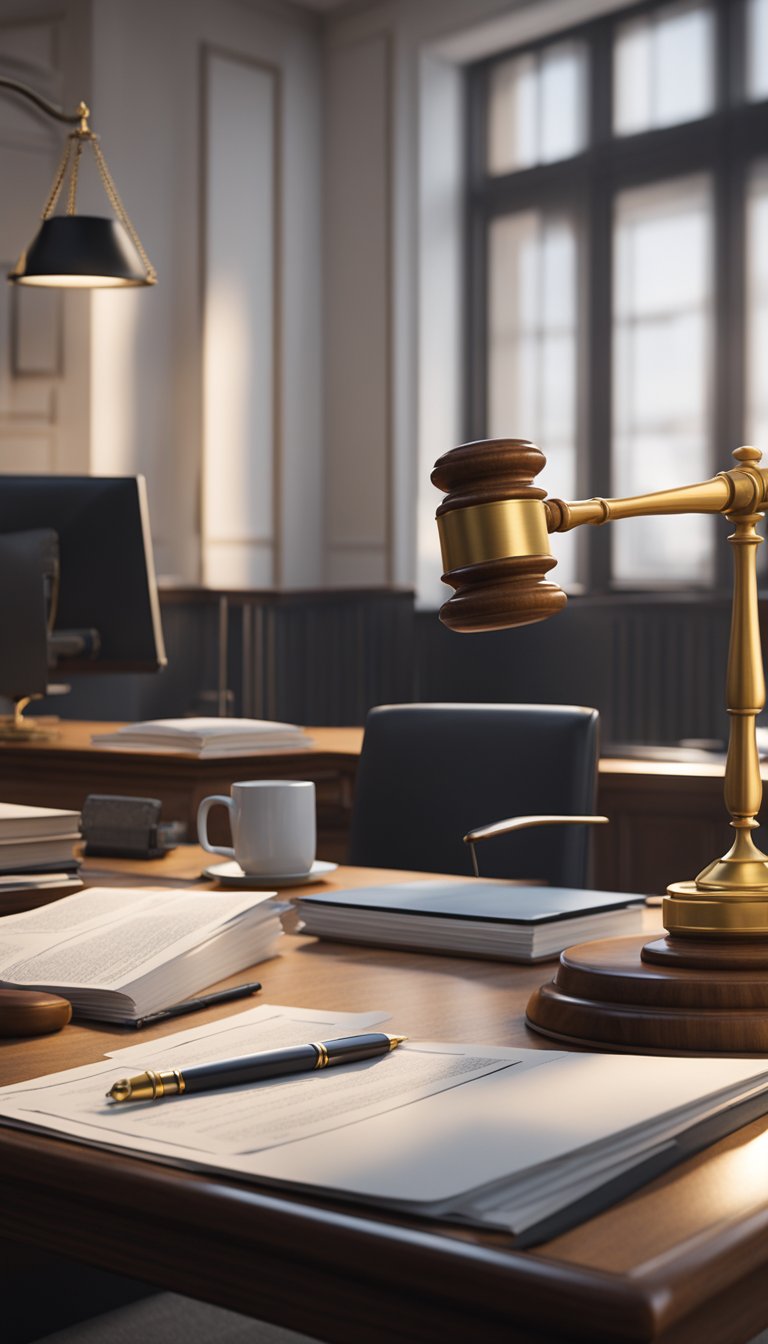 A lawyer's office with a desk, computer, and legal documents. A scale symbolizing cost-effectiveness and a gavel representing probate solutions