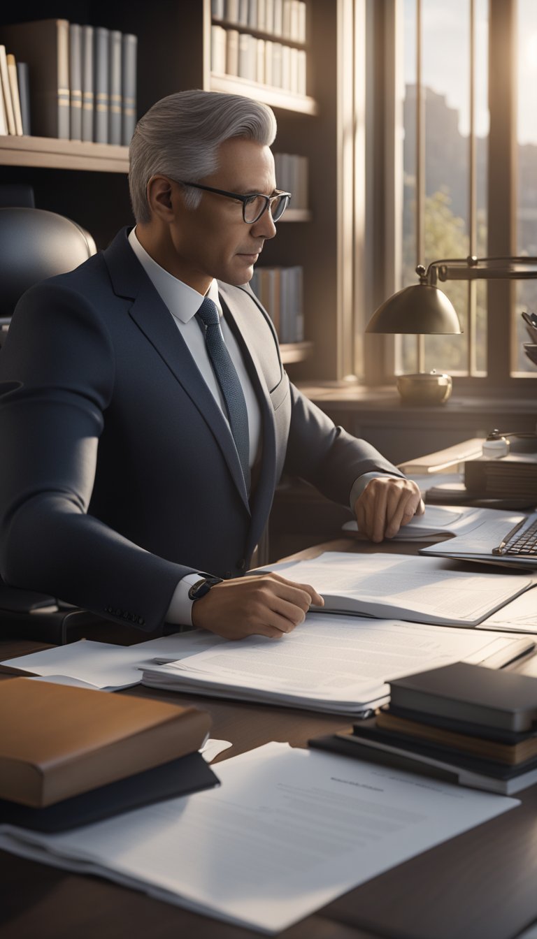A lawyer sitting at a desk, surrounded by legal documents and a computer, discussing estate plans and wills with a client