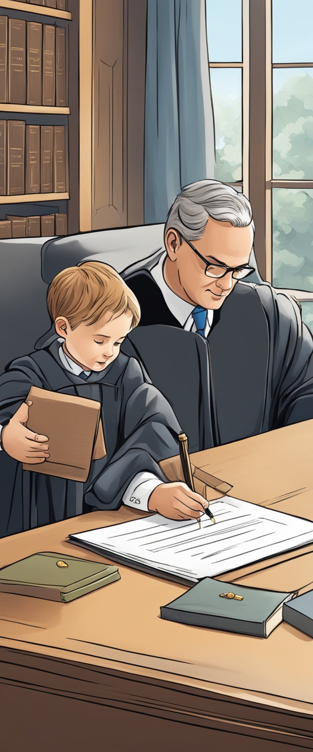 A judge signing a legal document appointing a guardian for a child
