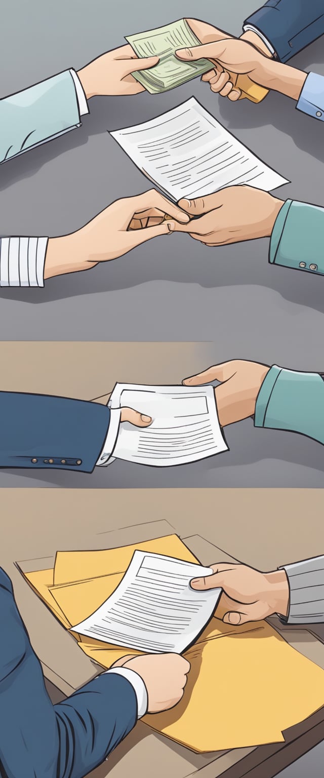 A person handing over a legal document to another person, with a sense of trust and responsibility evident in their body language