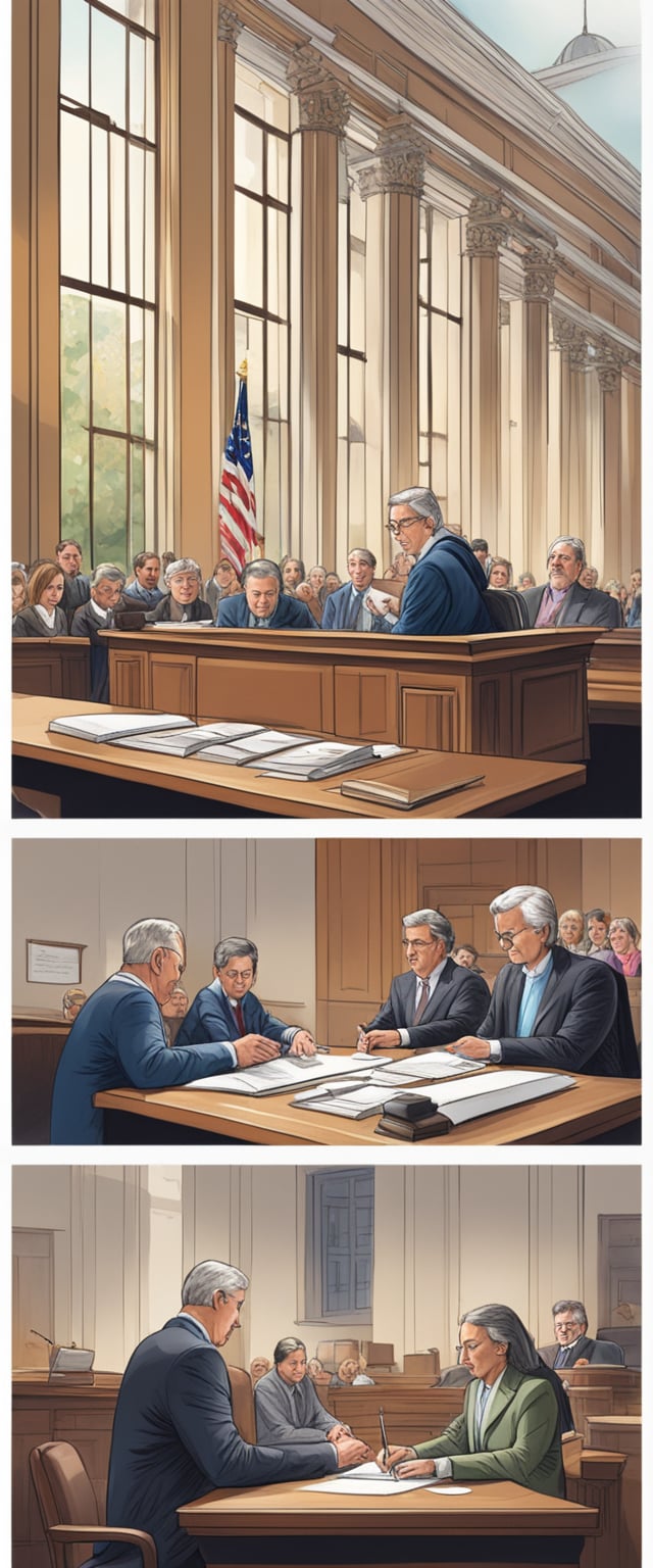 A person signing legal documents in a courthouse, with a judge and witnesses present