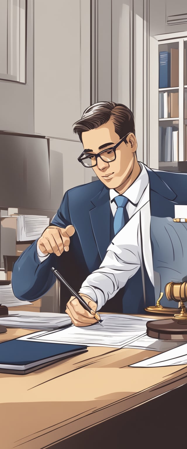 A person signing legal documents in a lawyer's office, with a notary stamping the papers