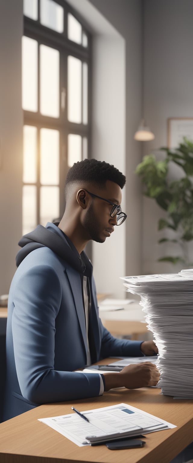 A person sitting at a desk with a laptop, calculator, and tax forms, looking at a stack of bills and a checkbook with a concerned expression