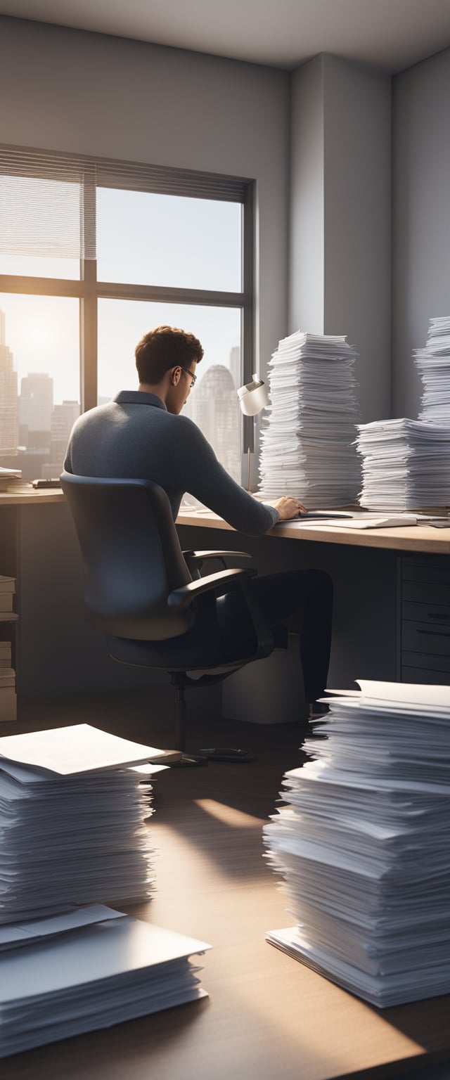 A person sitting at a computer, surrounded by tax forms and documents, with a calculator and pen on the desk