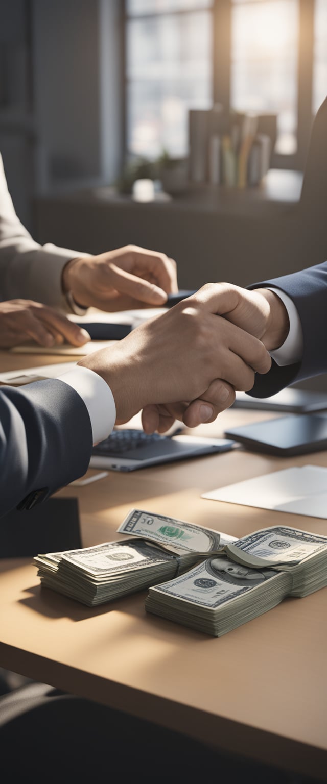 A person handing over money to a tax preparer at a desk