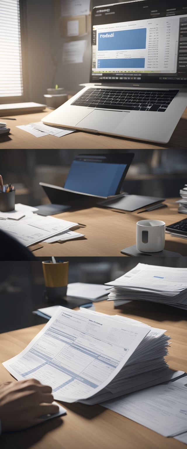 A person sitting at a desk with a laptop, paperwork, and calculator. Two separate piles of documents labeled "Federal Taxes" and "State Taxes."
