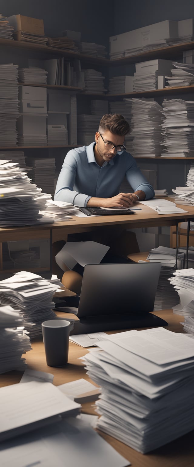 A person sitting at a desk surrounded by piles of paperwork, calculator, and a computer, looking stressed and overwhelmed