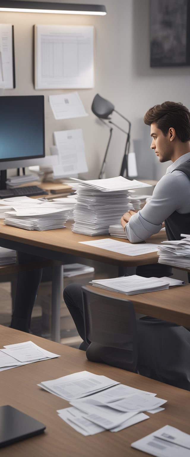 A person sitting at a desk, surrounded by tax forms and documents, with a look of confusion and concern on their face