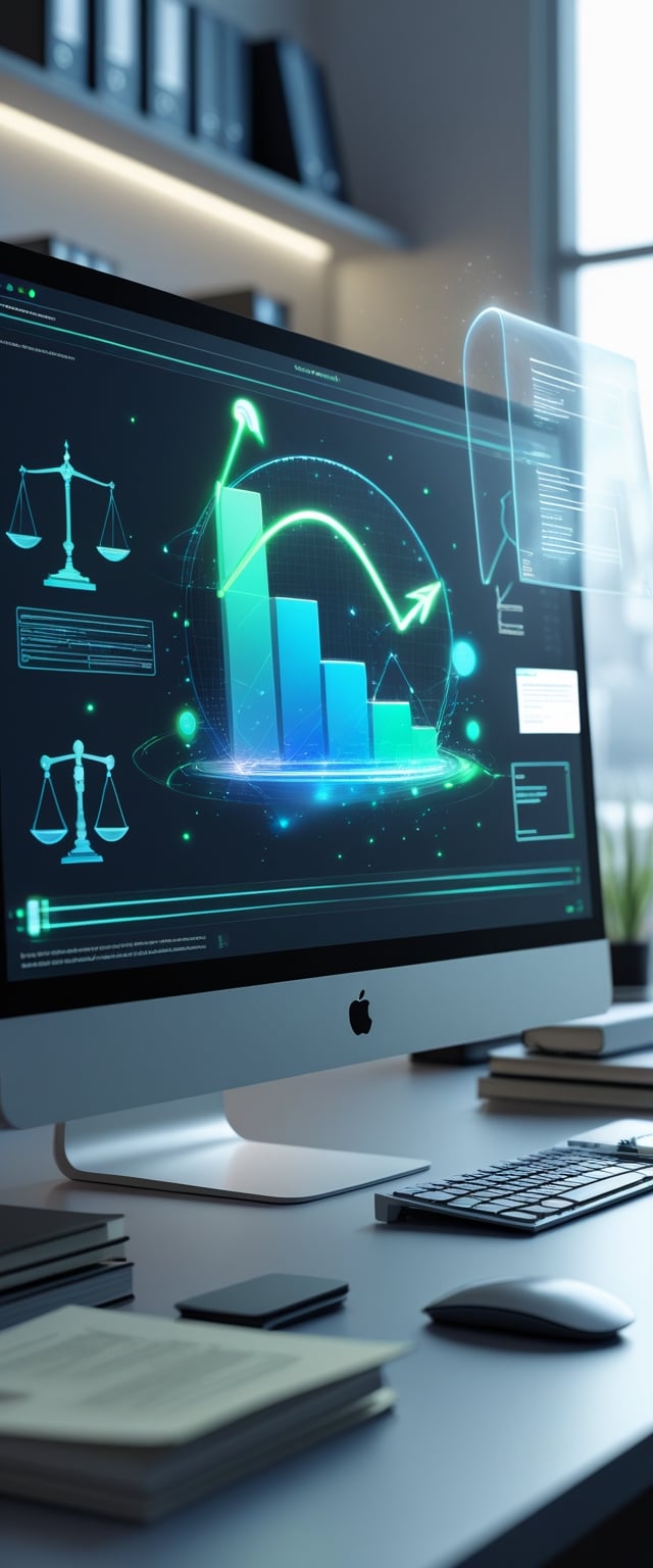 A computer on a desk showing a futuristic software download progress with legal-themed holographic icons around it.