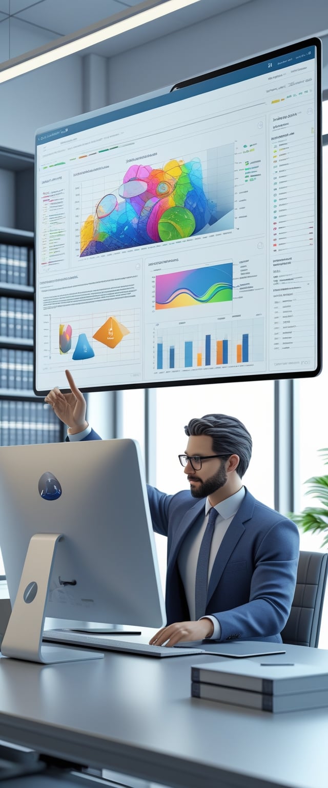 A lawyer using advanced legal software on a transparent touchscreen in a modern office with bookshelves and natural light.