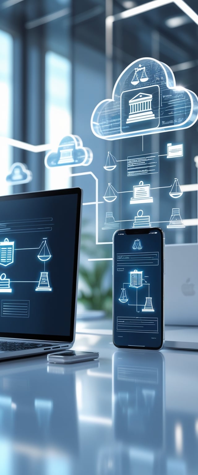 A futuristic workspace with a laptop and smartphone displaying floating legal and cloud icons connected by a digital cloud network.