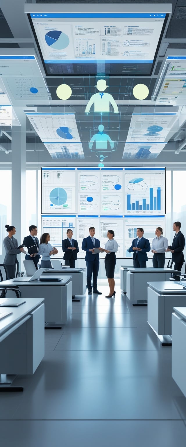A modern law office with lawyers working together using advanced digital screens and technology to improve productivity.
