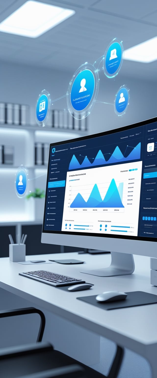 A 3D rendered modern office workspace with a curved computer monitor showing software analytics and floating icons representing user reviews and downloads.