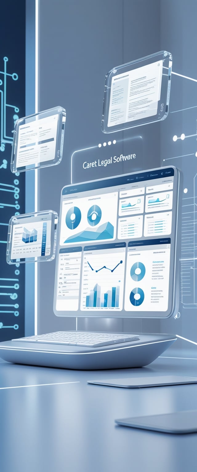 A 3D scene showing a futuristic workspace with floating holographic screens displaying legal documents and analytics.