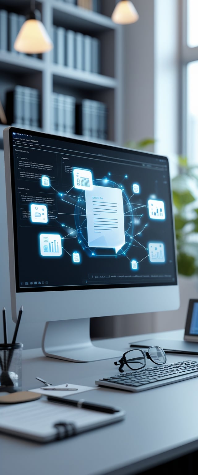 A 3D rendered modern office desk with a computer showing holographic legal document icons and office items around it.