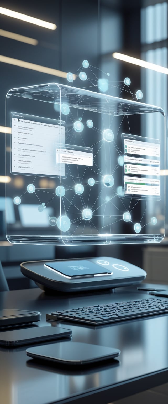 A 3D scene showing a futuristic digital workspace with holographic interfaces displaying case and matter management elements in a professional office setting.
