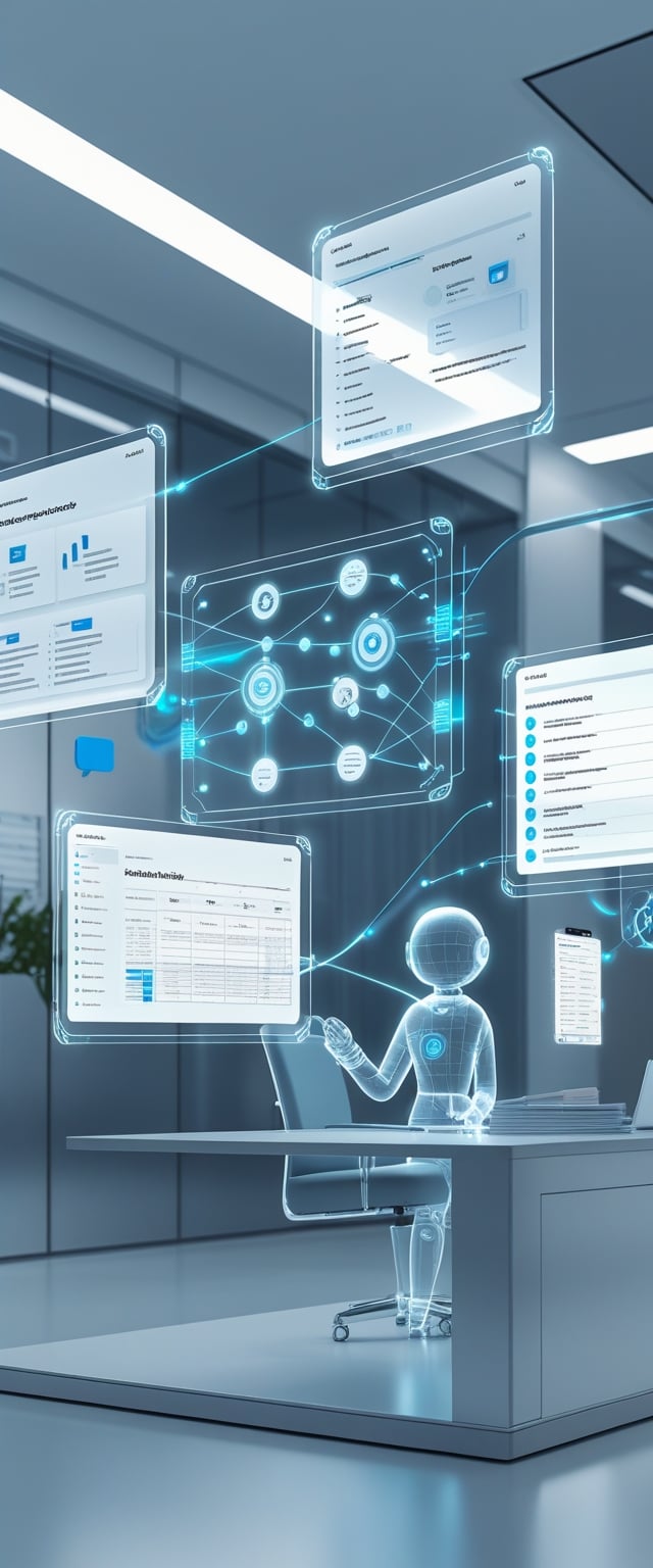 A futuristic workspace with floating holographic screens showing legal tasks, workflows, and automation diagrams in a high-tech office.