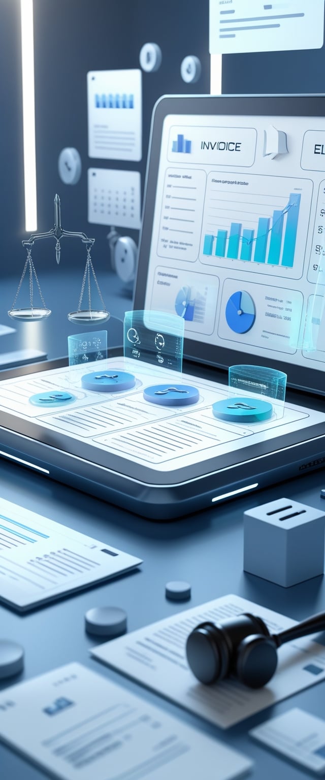 A 3D scene showing a futuristic digital workspace with floating holographic screens displaying charts, timers, and invoice templates related to legal billing and timekeeping.