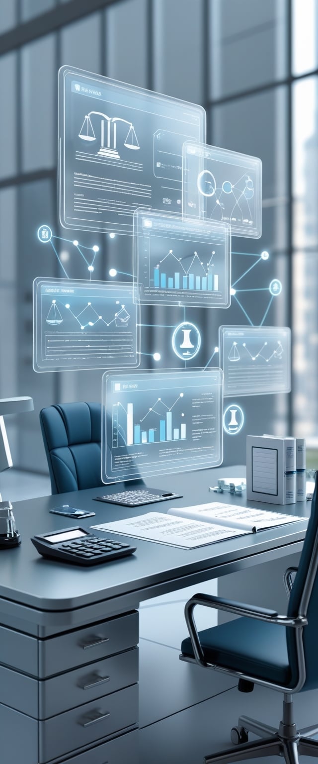 A futuristic office desk with floating holographic screens showing financial charts and legal icons, surrounded by digital tools representing accounting and secure data management.