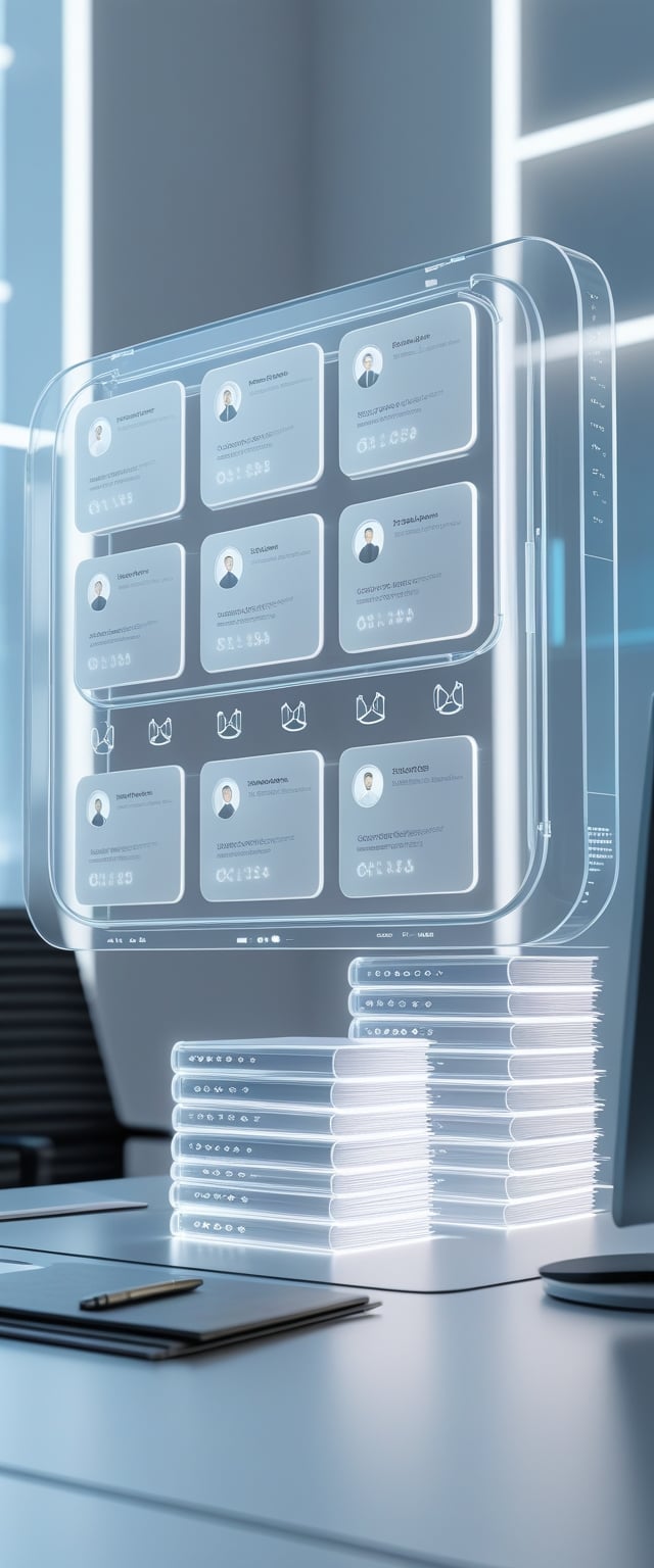 A 3D scene showing a futuristic digital interface with floating contact cards and virtual document folders in a modern office setting.