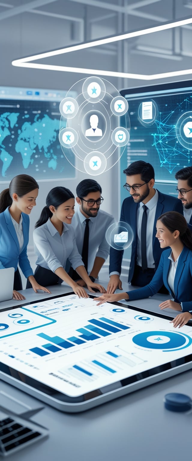 A group of professionals collaborating around a digital table with floating icons and screens showing legal symbols and data in a modern office.